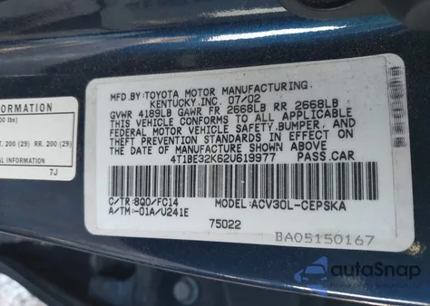 2002 Toyota Camry Se from USA, damaged, VIN 4T1BE32K62U619977